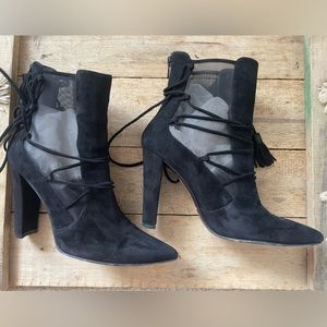 Stuart Weitzman Suede Mesh Pointed Toe Heeled Booties